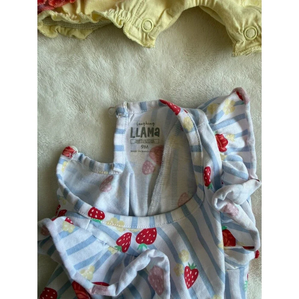 Llama 3-Piece Girls 9M Short Sleeve Romper Set Strawberry Print Cotton